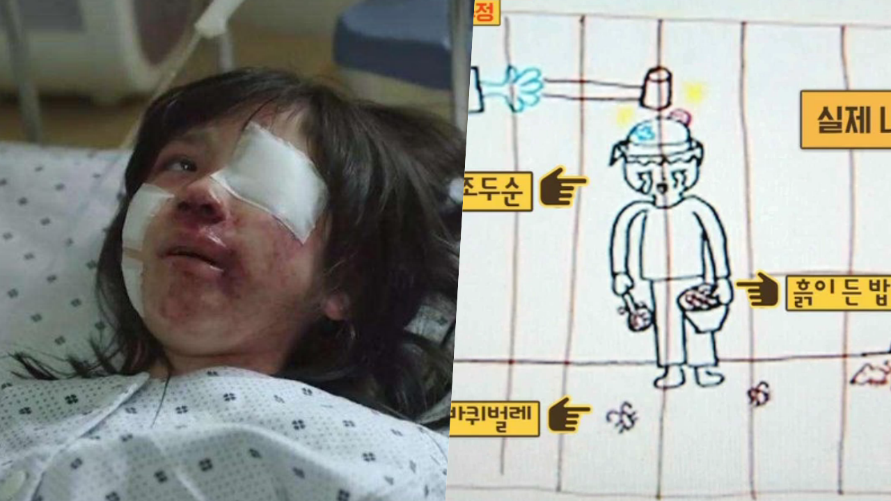 (左)电影《素媛》剧照;(右)"素媛"原型娜英受害后的心愿手绘:伤害她