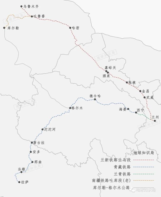 乌鲁木齐铁路至库尔勒再转公路至格尔木，再转铁路至拉萨