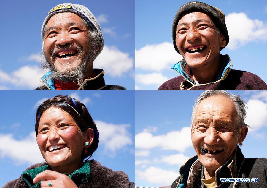 Combo photo taken in April 2020 shows villagers posing for photos in front of their new houses in Pumaqangtang Township of Nagarze County in Shannan, southwest China's Tibet Autonomous Region. Pumaqangtang, China's highest township, has an average altitude of 5,373 meters, with oxygen levels less than 40 percent of that at sea level. Villagers here used to live in earth-rock houses with no electricity, running water, vegetables or fruits available. Such hard living conditions continued until the 1970s. Nowadays, all villagers in Pumaqangtang have moved into better residences. Compared with the past, the new brick-concrete structure houses are stronger, warmer and more spacious. Every household has access to electricity and water supplies, and has their own small courtyard and toilet. All villages in the township have kindergartens, clinics, oxygen chambers and other facilities. The enrollment rate of school-age children and the retention rate of primary school students both reached 100 percent. Through the implementation of targeted strategies, the local government has developed specialized livestock industries to help increase the income of villagers. The annual per capita net income of the township reached 15,323 yuan (2,343 U.S. dollars) in 2019 and is expected to surpass 17,000 yuan (2,599 U.S. dollars) this year. Tibet has accomplished the historical feat of eradicating absolute poverty. By the end of 2019, Tibet had lifted 628,000 people out of poverty and delisted 74 county-level areas from the poverty list. (Xinhua/Purbu Zhaxi)