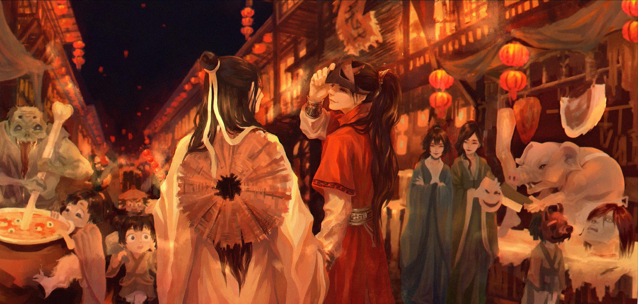 剧中的谢怜喜欢穿着白色的衣服,而花城喜欢穿红色的衣服,自古红蓝出cp