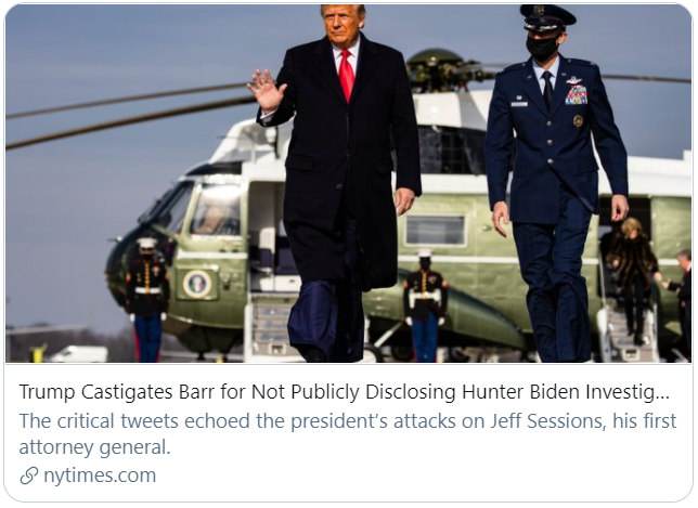 特朗普谴责巴尔没有公开针对亨特·拜登的调查。/《纽约时报》报道截图