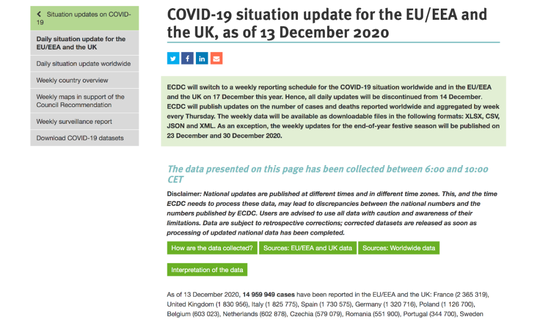 欧盟/欧洲经济区和英国疫情数据。/ 欧洲疾控中心网站截图