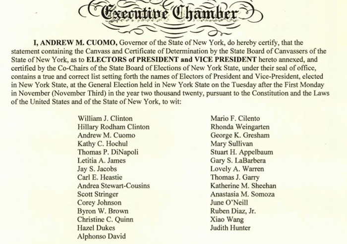 纽约州选举人团名单。图片来源：美国国家档案馆