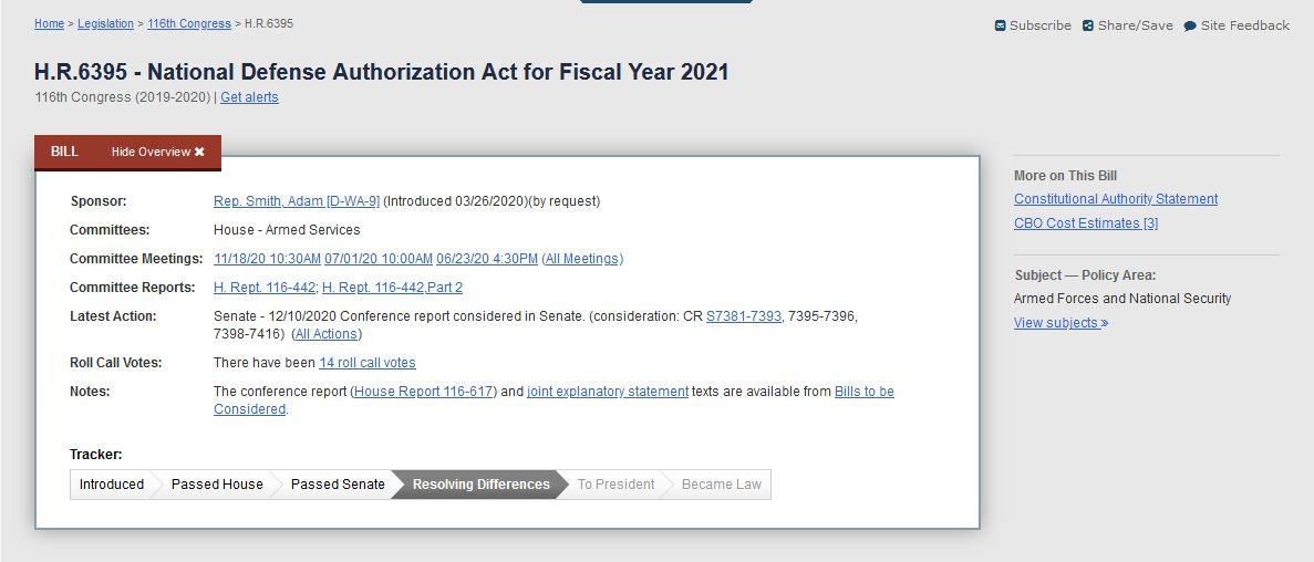 美国国会网站显示，2021财年国防授权法案已在参众两院通过