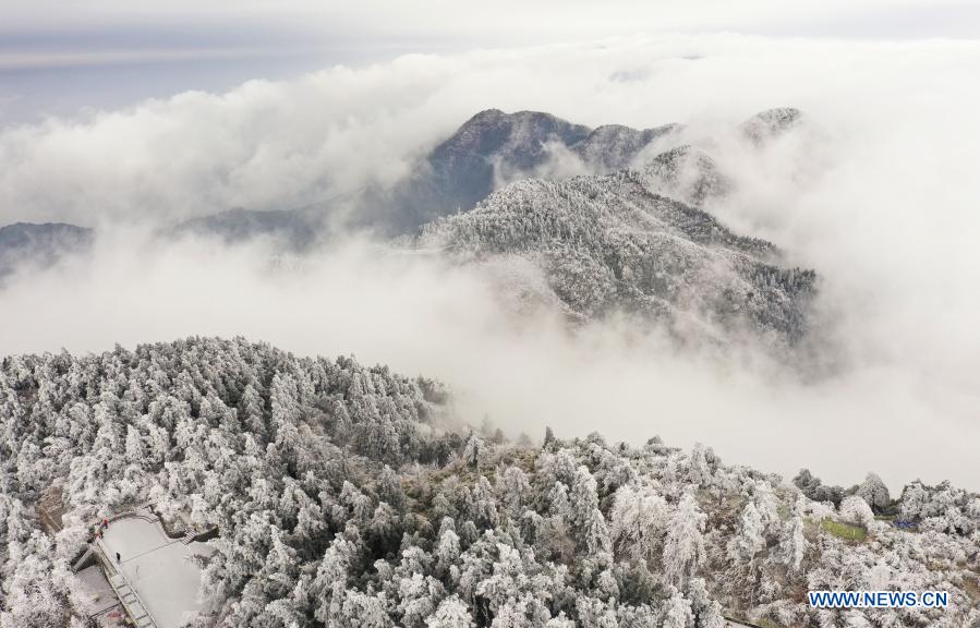 Aerial photo shows the scenery of the snow covered Hengshan Mountain scenic area in Hengyang, central China's Hunan Province, Dec. 15, 2020. (Photo by Cao Zhengping/Xinhua)