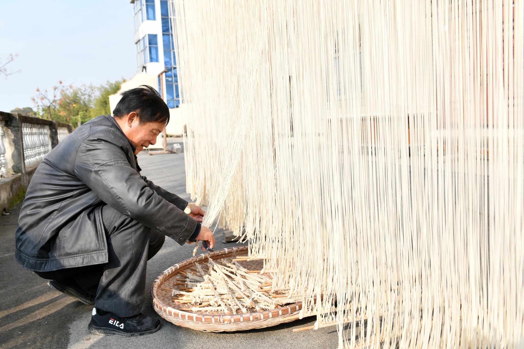 12月16日,东阳市巍山镇曙光村村民趁天晴在空地上晒制索面.