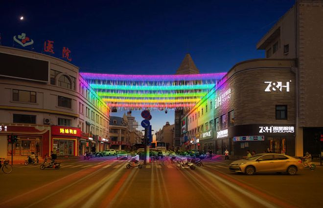 步行街,共青团西路路口南侧的亮化效果图.