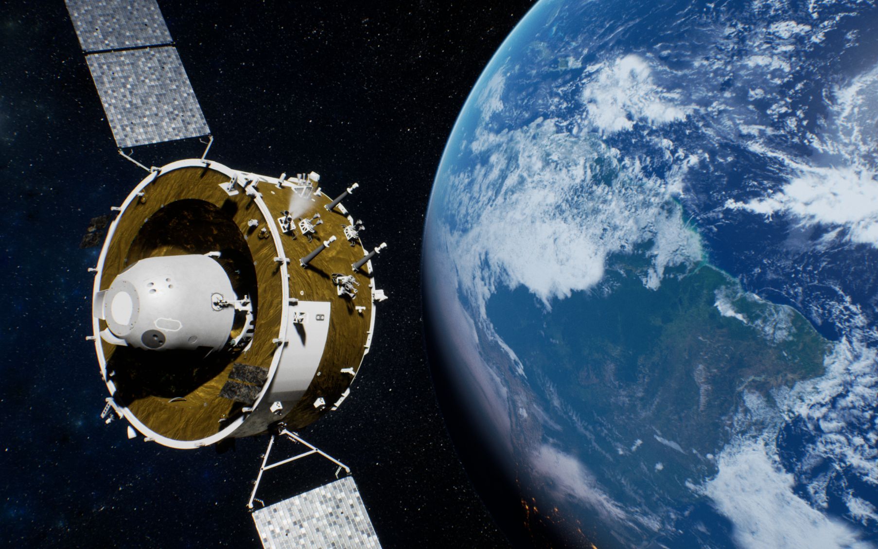 器(白色)从月球返回,在地面5000公里上空分离,返回器返回地球(模拟图)