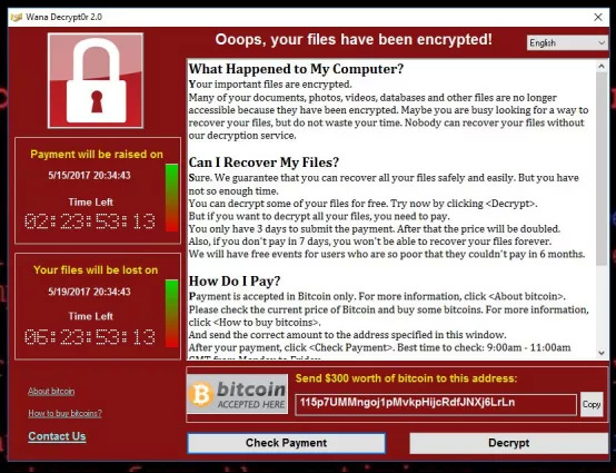 勒索病毒WannaCry在电脑屏幕上显示的界面