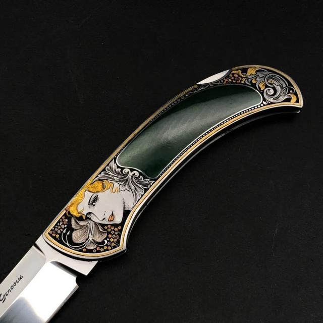 刀柄毫厘,雕技灵怪哉——大师级雕刻碧玉柄艺术折刀|折刀|刀柄|碧玉