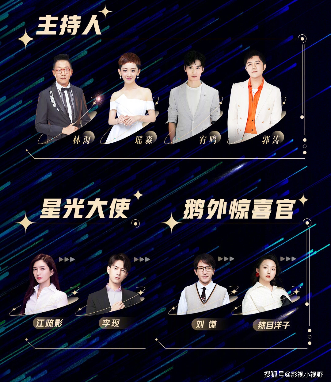 今晚的2020星光大赏主持人有林海,瑶淼,宥鸣和郭涛,星光大使是江疏影