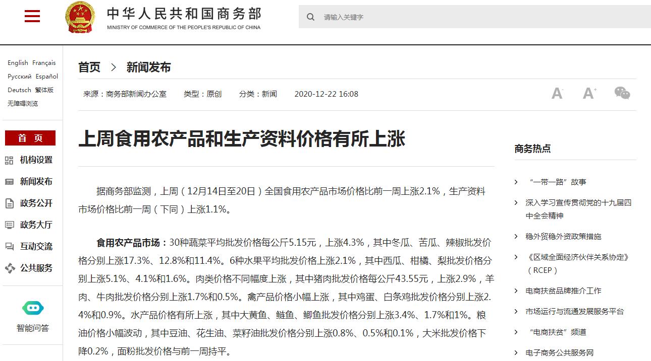 商务部：上周食用农产品价格有所上涨 其中猪肉批发价格上涨2.9%