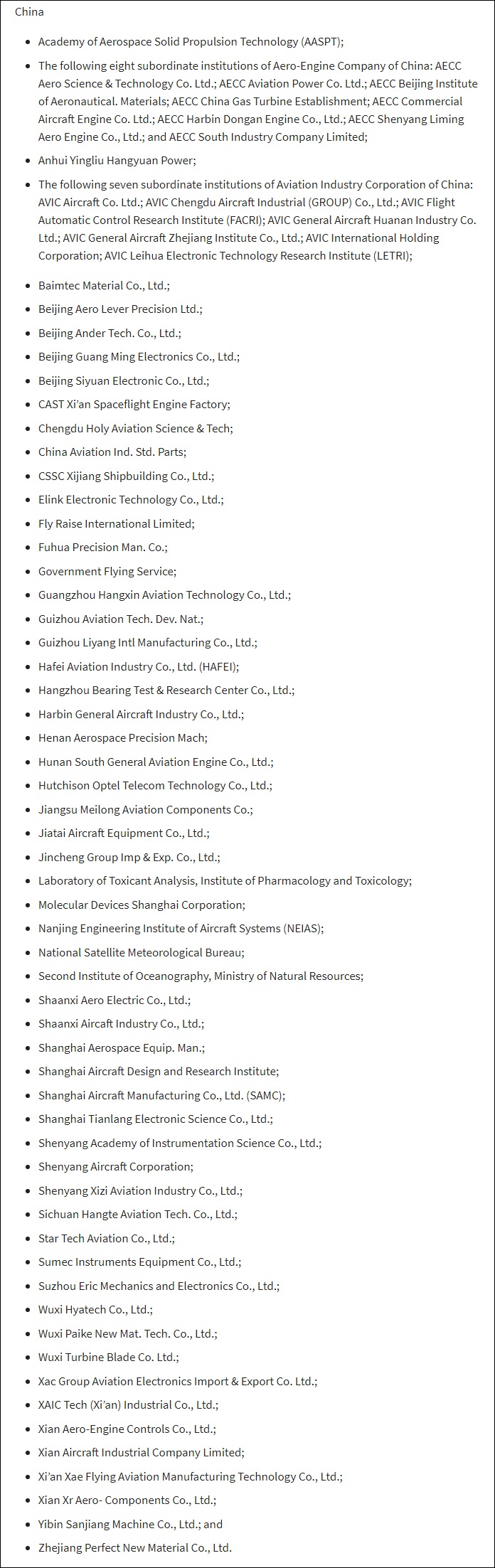 名单中的全部中国实体