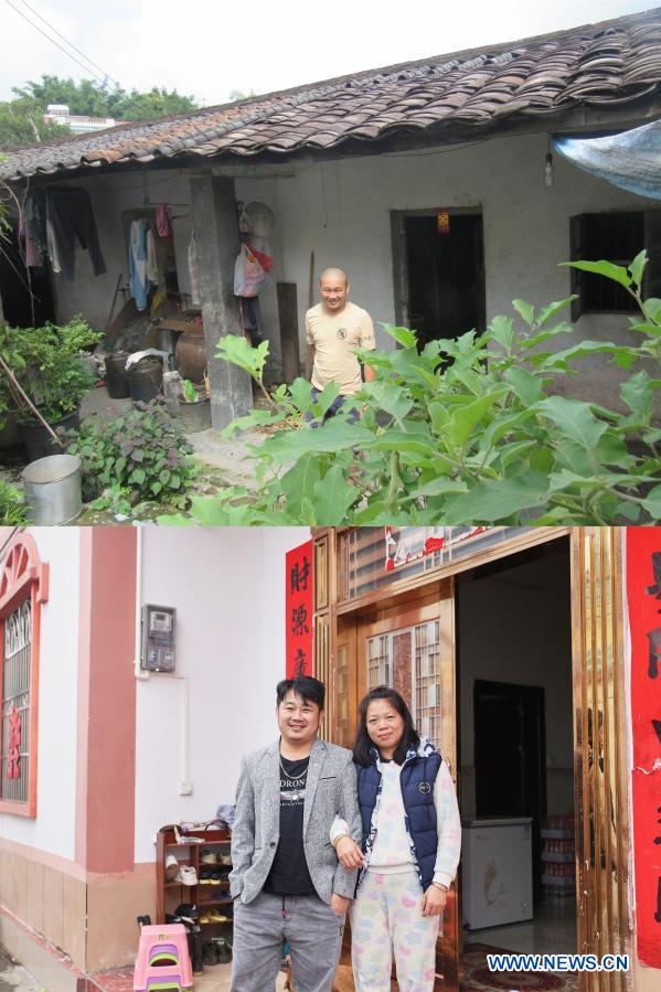 TOP: Photo taken in 2016 shows villager Wang Dechuang posing with his old house in Baorui Village, Qiongzhong County, south China's Hainan Province. BOTTOM: Photo taken on Dec. 17, 2020 by Zhang Liyun shows villager Wang Dechuang and his wife posing with their new home in Baorui Village. Visitors are likely to be impressed by brand-new residences and smooth paved roads when they come to Baorui Village in Hainan Province. But such a scene is barely imaginable back in 2017 when people of the Li ethnic group inhabiting here were mostly mired in poverty and lived in dilapidated houses. Back then, the village only had muddy paths with many places inaccessible even to motorcycle traffic. For a village which grows rubber trees as sole source of income, lack of decently paved roads had made it extremely difficult for villagers to transport and sell rubber. The year 2017 was a turning point for the villagers. In that year, thanks to a government-funded housing and infrastructure renovation plan, 62 households renovated their homes and 1.66 kilometers of roads were built. In the village, almost every family grows rubber trees for a living. To mobilize villagers, the local government bought them natural rubber price insurance to hedge against price risks. Some other impoverished villagers turned to raise farm animals as another way to cast off poverty. Only within years, the villagers here have access to tap water and natural gas, and they also have entertainment and sports facilities. All 167 residents of the 41 officially registered poor households shook off poverty by the end of 2018. (Xinhua)