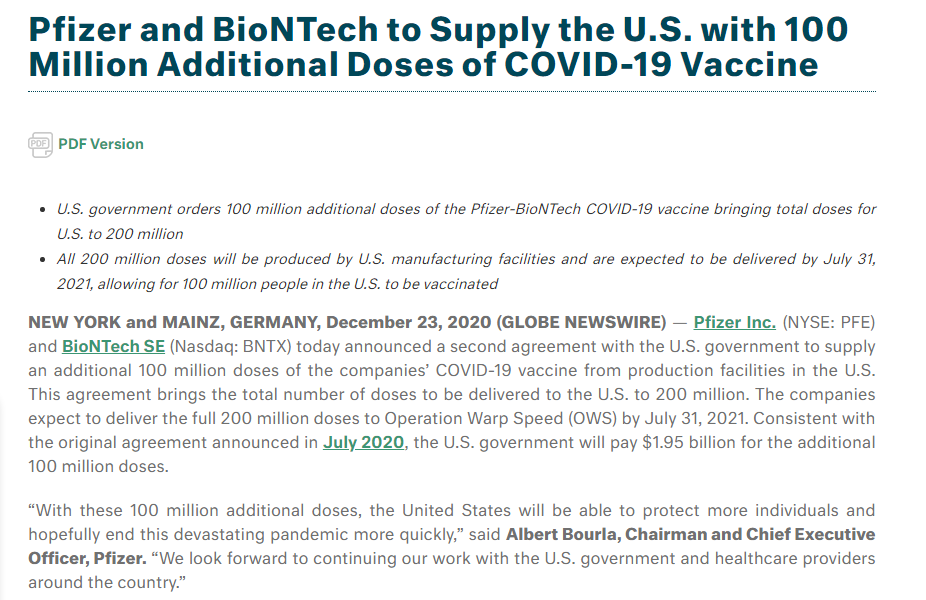 辉瑞公司将向美增供一亿剂新冠疫苗
