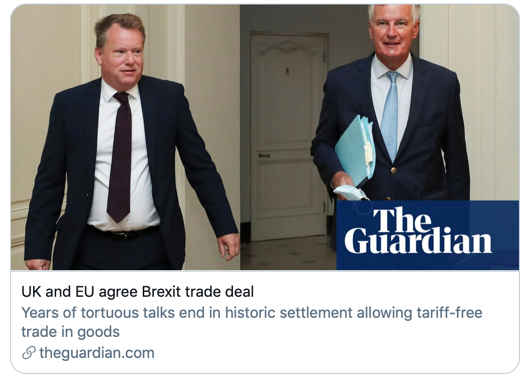 ▲英国和欧盟达成“脱欧”贸易协议。《卫报》报道截图