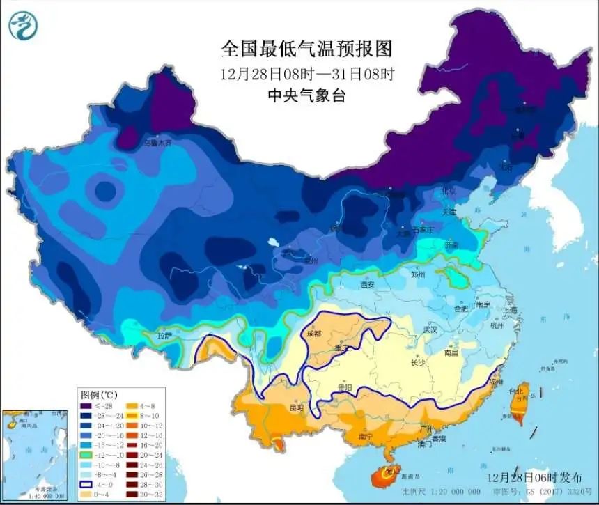 在黄河下游到秦岭一带最低气温-10℃线将南压至华南北部一带最低气温0