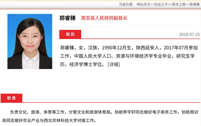 2017年11月29日,周至县人大常委会正式任命郑睿臻为周至县副县长.