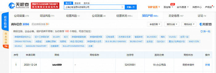 B站关联公司申请“bilibili goods”商标，国际分类为办公用品