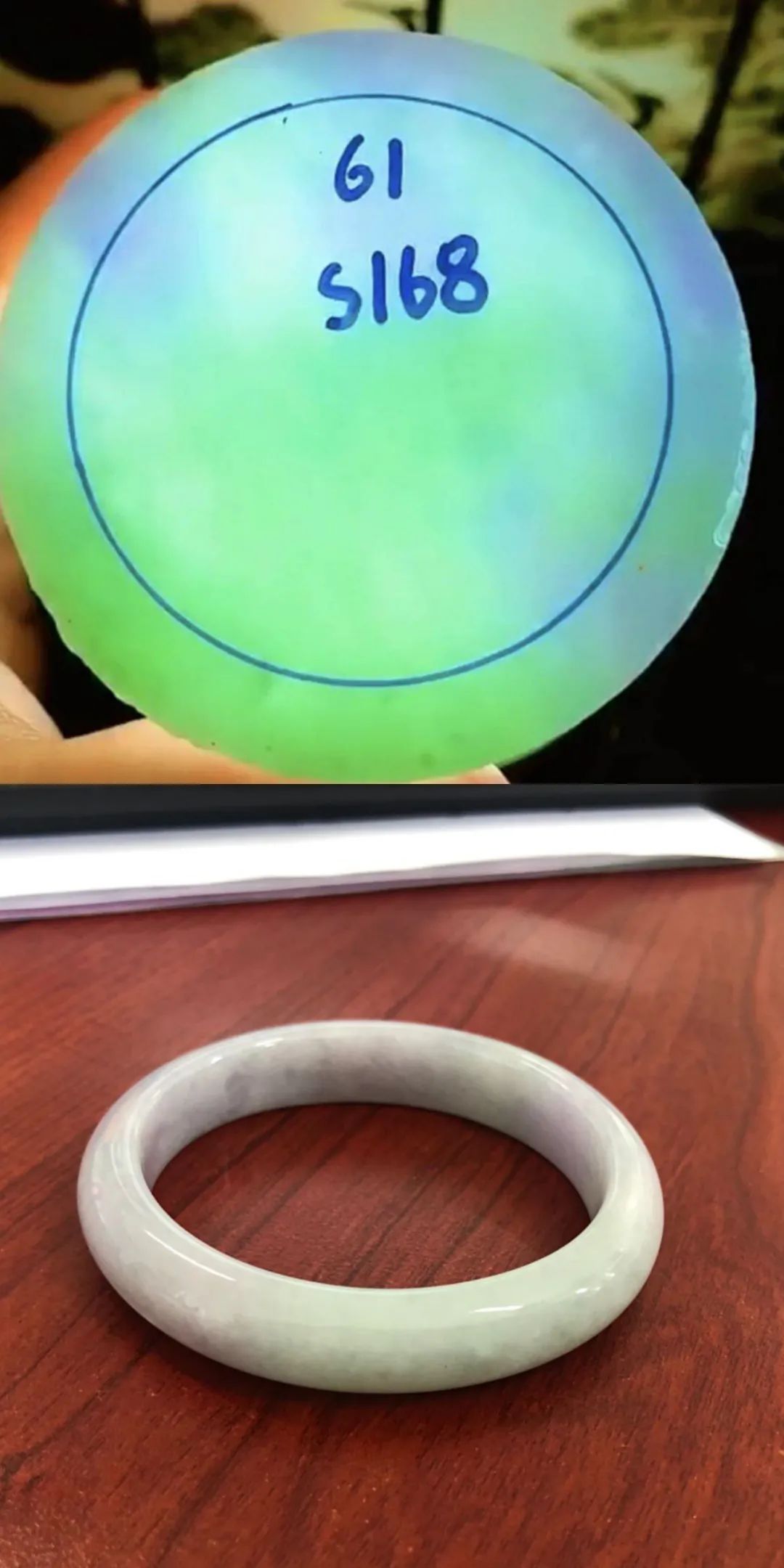 ▲上图是商家描述的产品图，下图是乔女士收到的手镯。