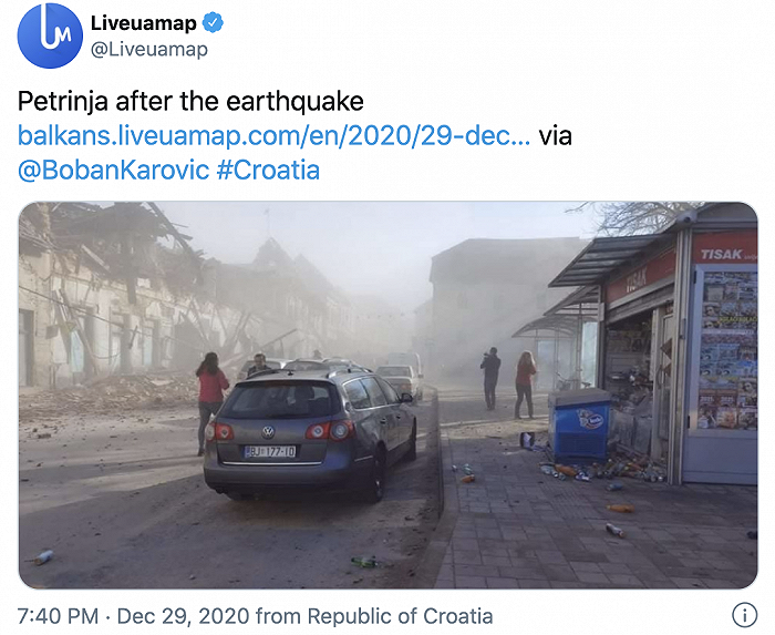 彼得里尼亚（距离震中约3公里）现场图片可见建筑物受损 图片来源：网络