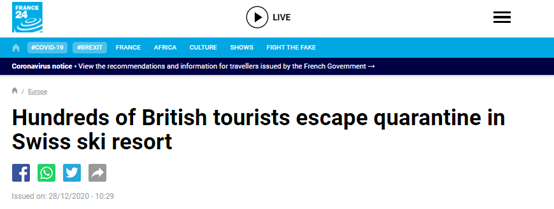 （图为法国媒体对于英国游客拒绝服从瑞士当局的隔离要求，并集体出逃一事的报道）