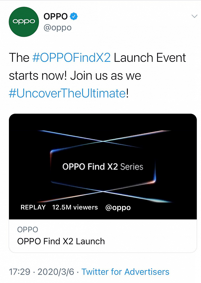 OPPOFind X2旗舰手机发布会在Twitter平台进行线上直播