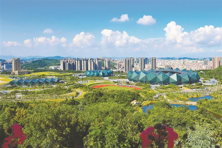 龙岗大运中心绿树葱茏,天高云阔.