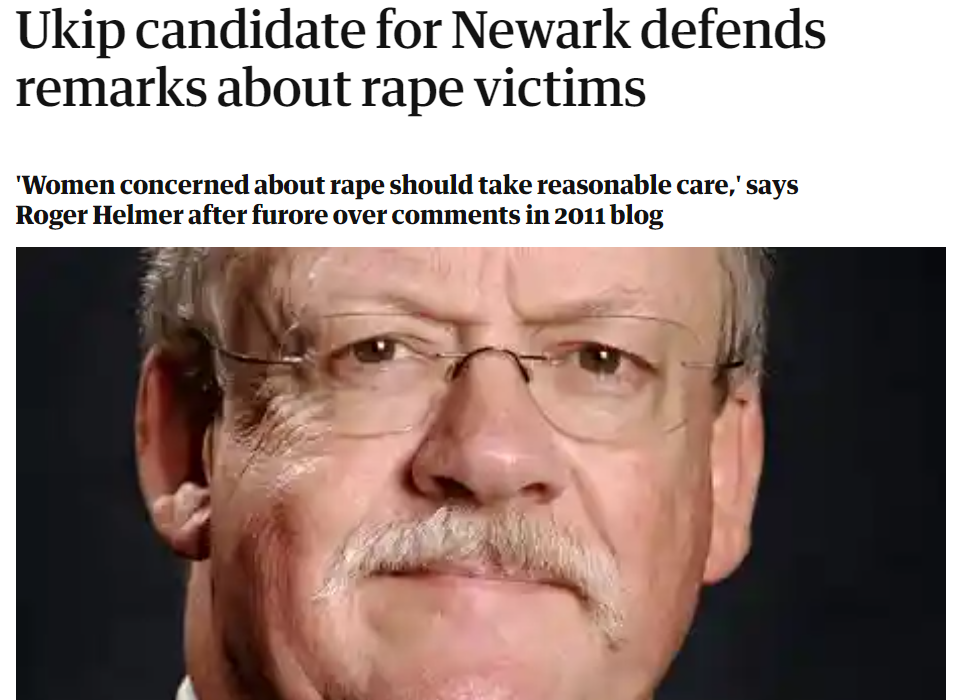 图为英国卫报在2014年时曝光的该政客关于强奸案的荒诞言论