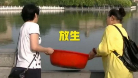大妈河边放生一百多条鱼，但旁边大爷的做法，让她感到无奈和气愤休闲区蓝鸢梦想 - Www.slyday.coM