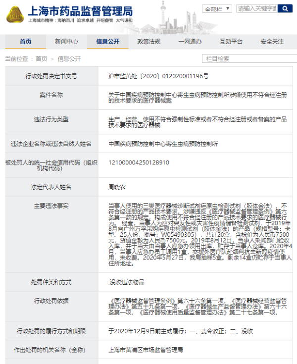 中国疾病预防控制中心寄生虫病预防控制所生产不合格医疗器械被罚