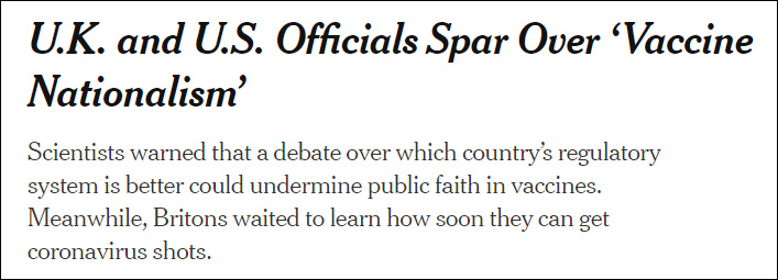 《纽约时报》12月3日报道，英美官员就“疫苗民族主义”发生争执
