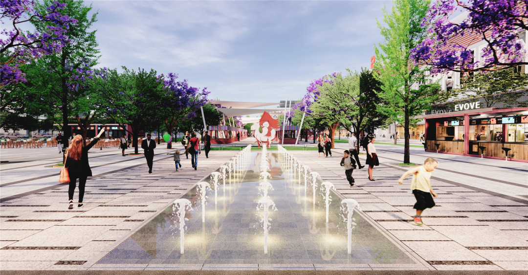 喷泉水景效果图此外,广场上还将开行"滇越小火车",融入极具云南特色的