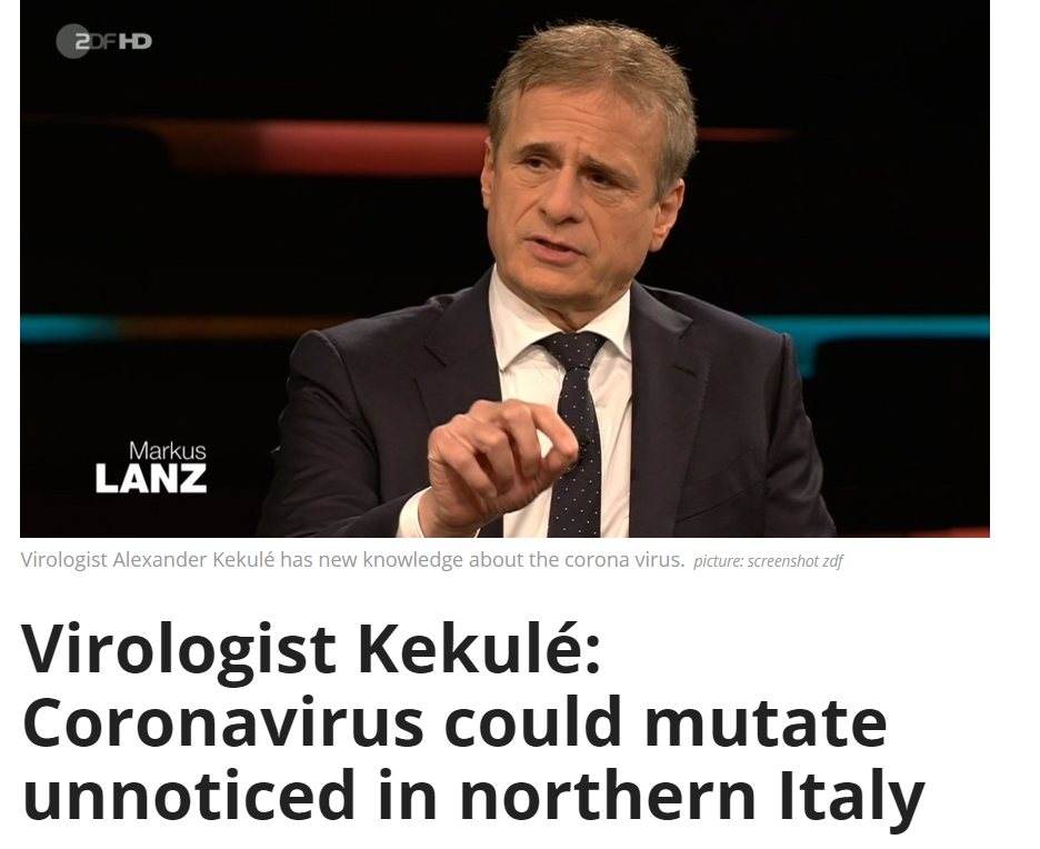 图为德国病毒学专家Alexander Kekule不久前表示,虽然新冠疫情先出现在武汉,但全球疫情大流行的起点却可能在意大利北部