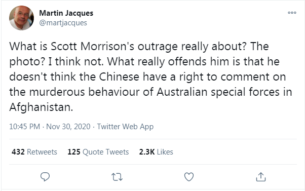 ▲“莫里森在愤怒什么，那张漫画吗？我认为不是。真正令他恼怒的是，他认为中国人无权对澳大利亚特种部队在阿富汗的谋杀行为发表评论。”