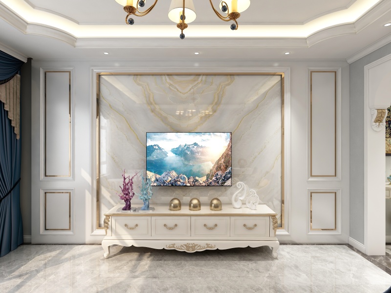 电视墙用得是石膏板做的矩形框中间用得跳跃的大理石,增加整个案例