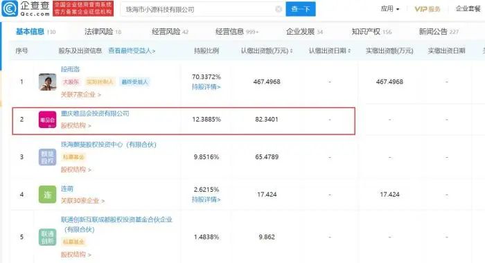 涉事企业珠海市小源科技有限公司的第二大股东为唯品会。企查查截图