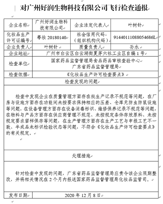 广州好润生物科技有限公司“飞检“不达标 被责令限期整改