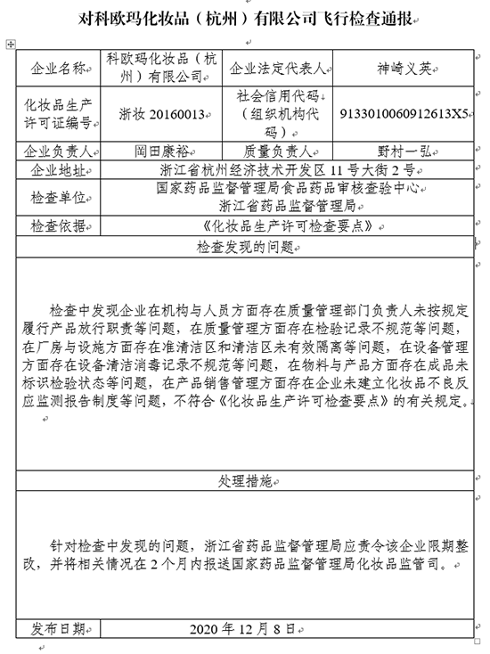 国家药监局：科欧玛化妆品（杭州）有限公司“飞检”不达标