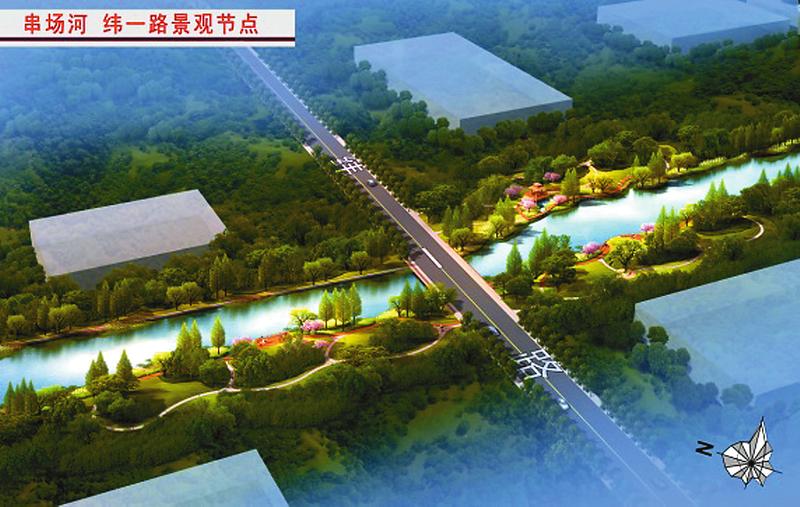 景观带风景秀丽沿河步道供居民休闲锻炼建湖县串场河风光带
