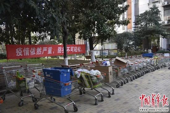 2月18日，湖北省武汉市青扬十街社区，工作人员分拣好的粮食蔬菜“整装待发”，即将送往各居民家中。中青报·中青网见习记者 鲁冲/摄
