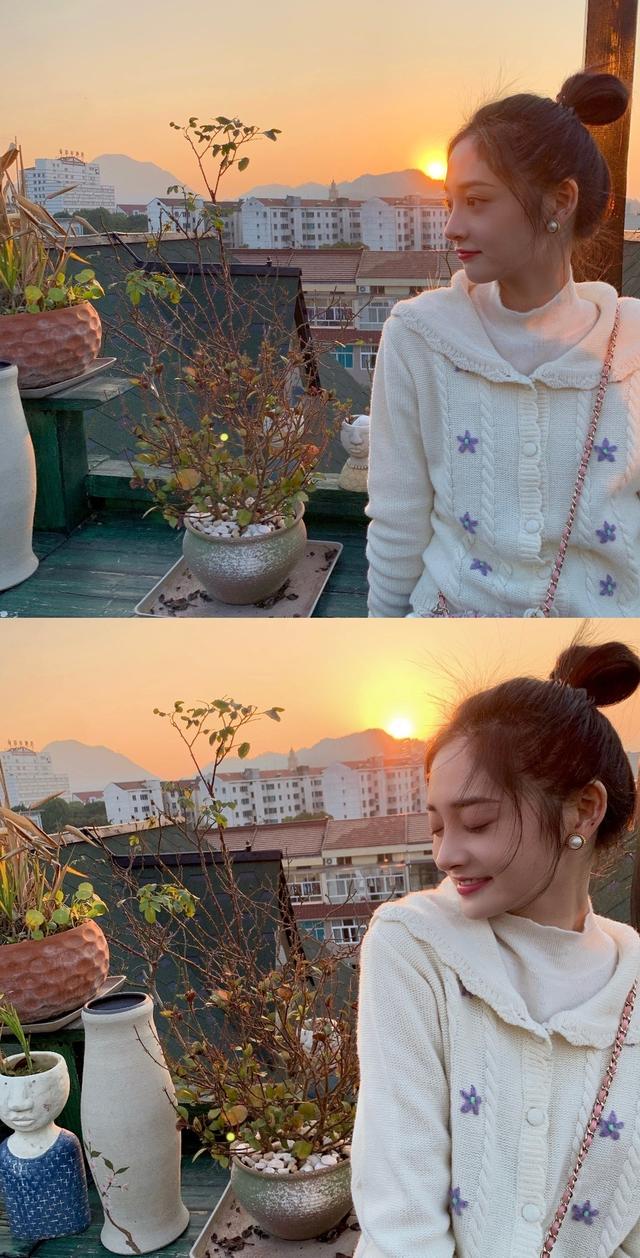 周洁琼晒库存美照 扎丸子头对镜甜笑元气满满