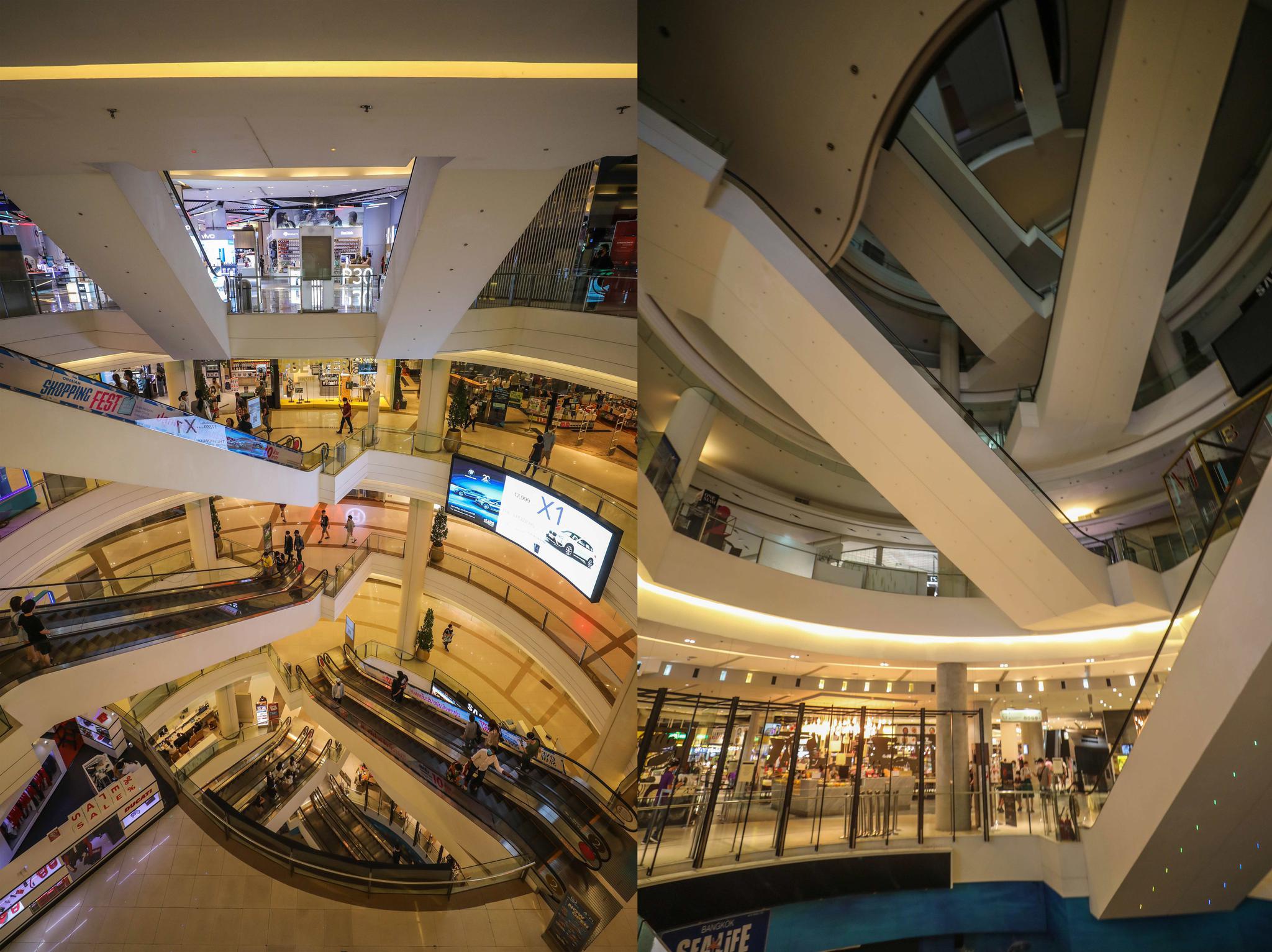 这是3月21日拍摄的泰国曼谷暹罗百丽宫商场(左图)和3月22日拍摄的停止