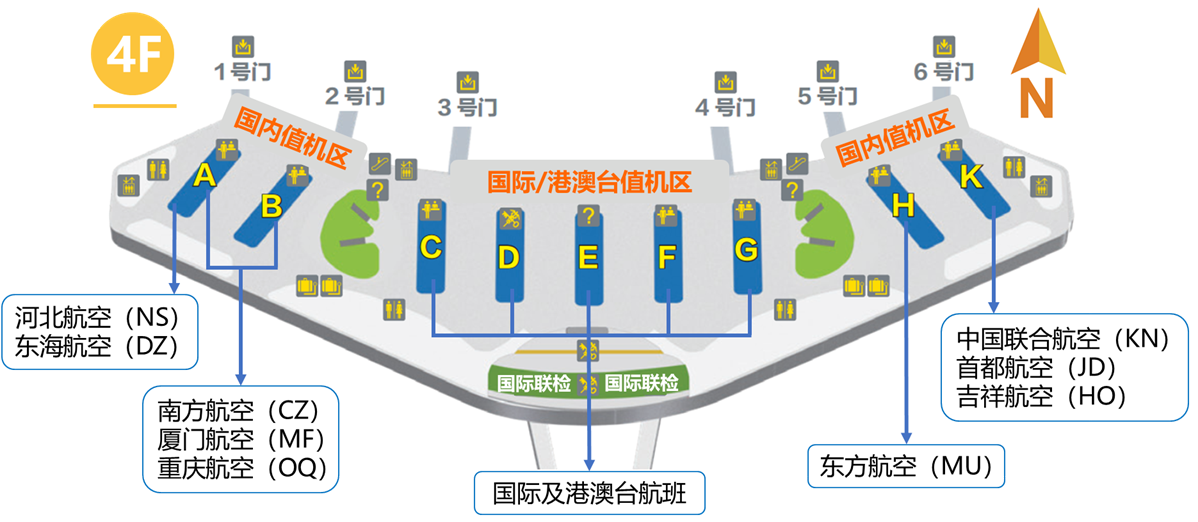 大兴国际机场四层值机区航司值机柜台分布情况。大兴国际机场供图