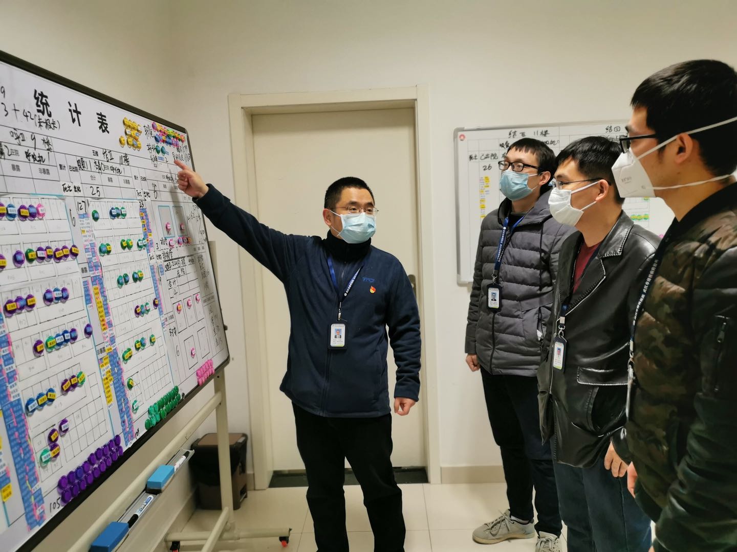彭鹏(左一)在统计表前指导工作 本文图片均为受访者供图