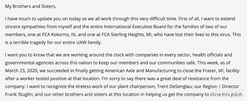 三名FCA员工患新冠肺炎去世 美国95%的整车厂已经关停