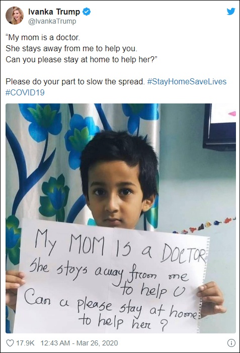 “我的妈妈是一位医生。她离开我去帮助你们。你们能留在家里帮帮她吗？” 社交媒体截图