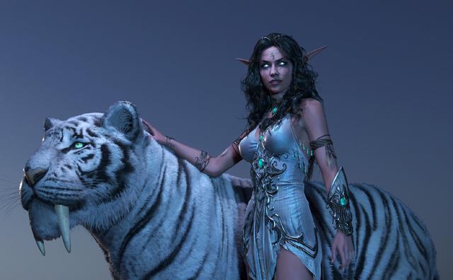 国外魔兽玩家3d模型作品月女泰兰德与她的白虎坐骑