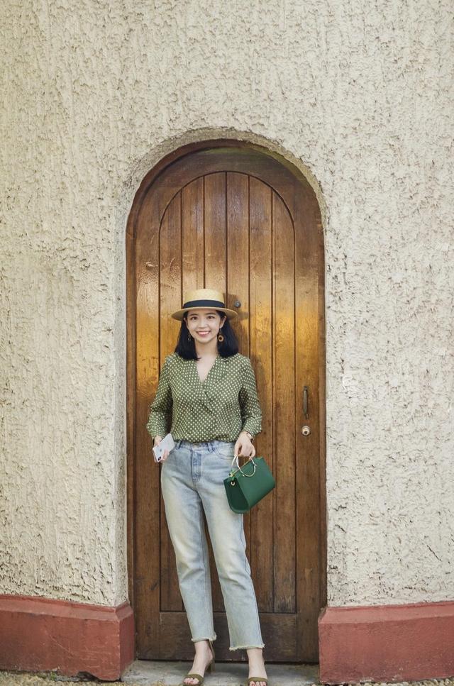 三木博主的衣品真能抗绿色波点衬衫配牛仔裤换个帽子更洋气