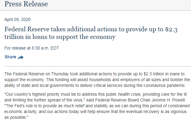 鲍威尔承诺全力推动经济复苏 推2.3万亿美元信贷计划